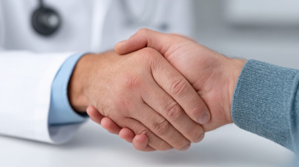 Professional handshake between doctor and patient in a medical office setting symbolizing trust and collaboration in healthcare